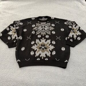 Vintage Snowflake Knit Sweater Mens XL Black Nordic Fair Isle Heavy Asphalt